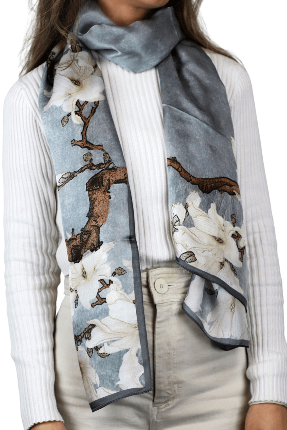 La Fiorentina 100% Silk Floral Print Silk Scarf - Grey - Silk Scarf - La Fiorentina SILK-2301
