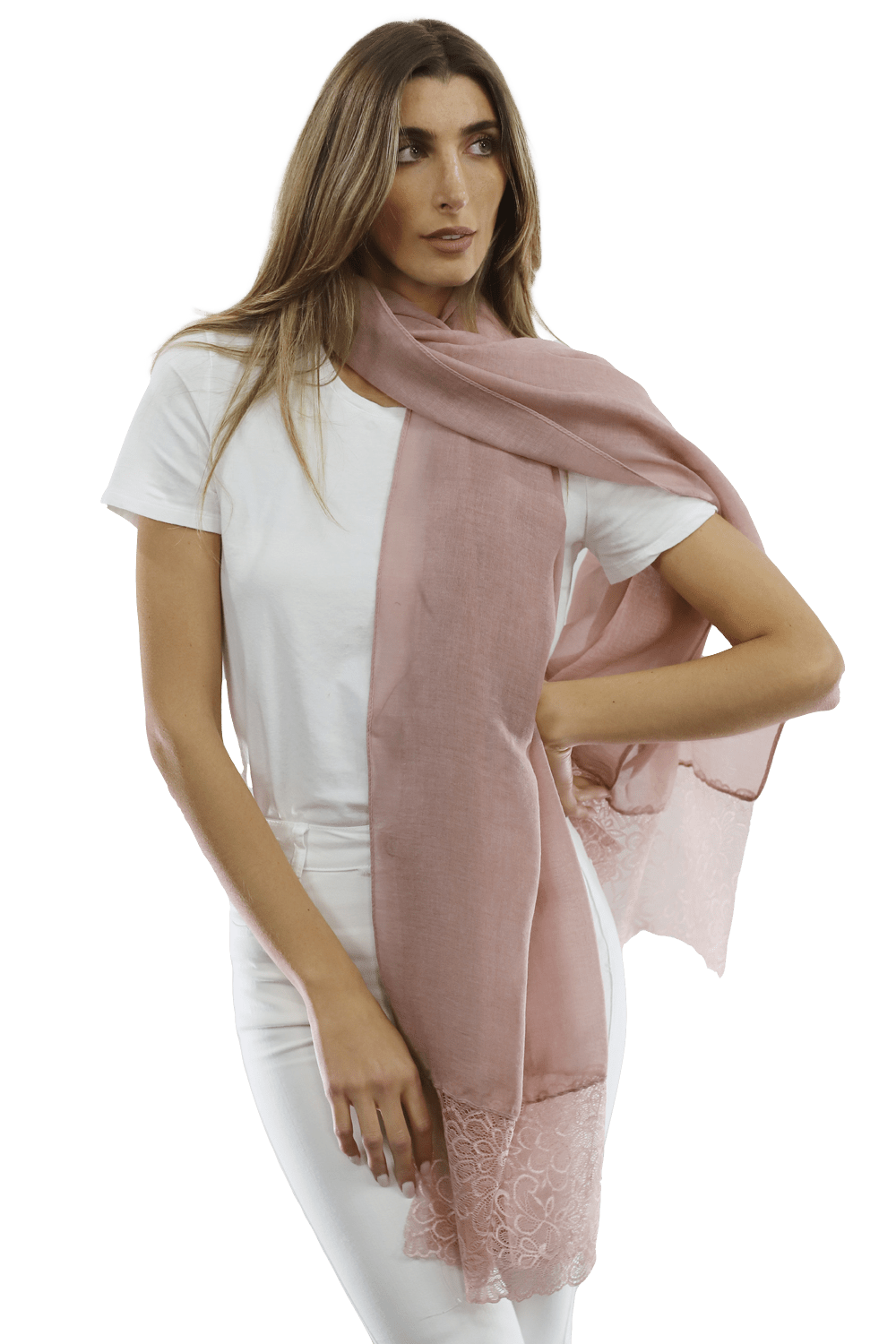 La Fiorentina Embroidery Laced Trim Scarf- Blush - Scarf - La Fiorentina HH06-blush