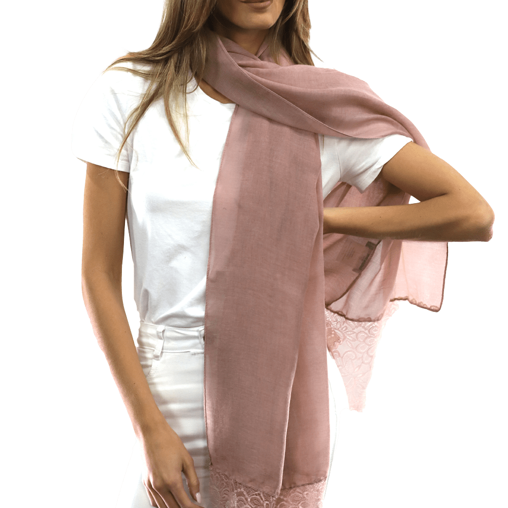 La Fiorentina Embroidery Laced Trim Scarf- Blush - Scarf - La Fiorentina HH06-blush