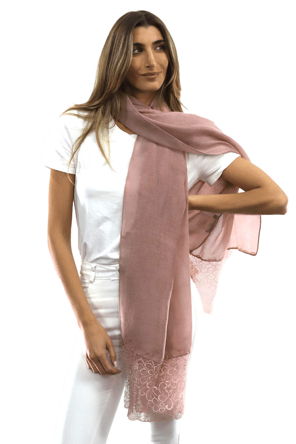La Fiorentina Embroidery Laced Trim Scarf- Blush - Scarf - La Fiorentina HH06-blush