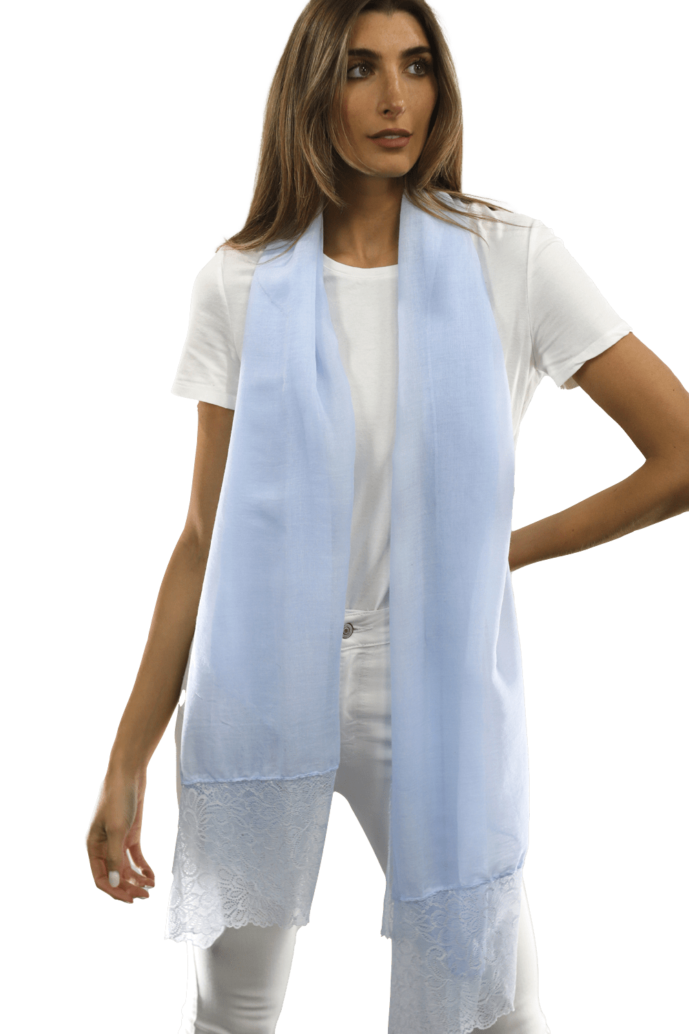 La Fiorentina Embroidery Laced Trim Scarf - Light Blue - Scarf - La Fiorentina HH06-lightblue