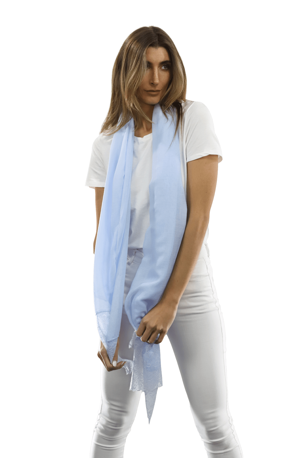 La Fiorentina Embroidery Laced Trim Scarf - Light Blue - Scarf - La Fiorentina HH06-lightblue