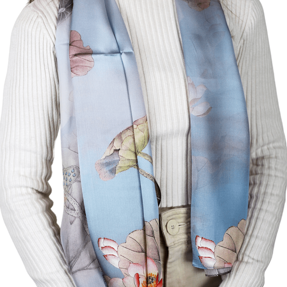 La Fiorentina Floral Print 100% Silk Scarf -  Blue - Silk Scarf - La Fiorentina SILK-2304