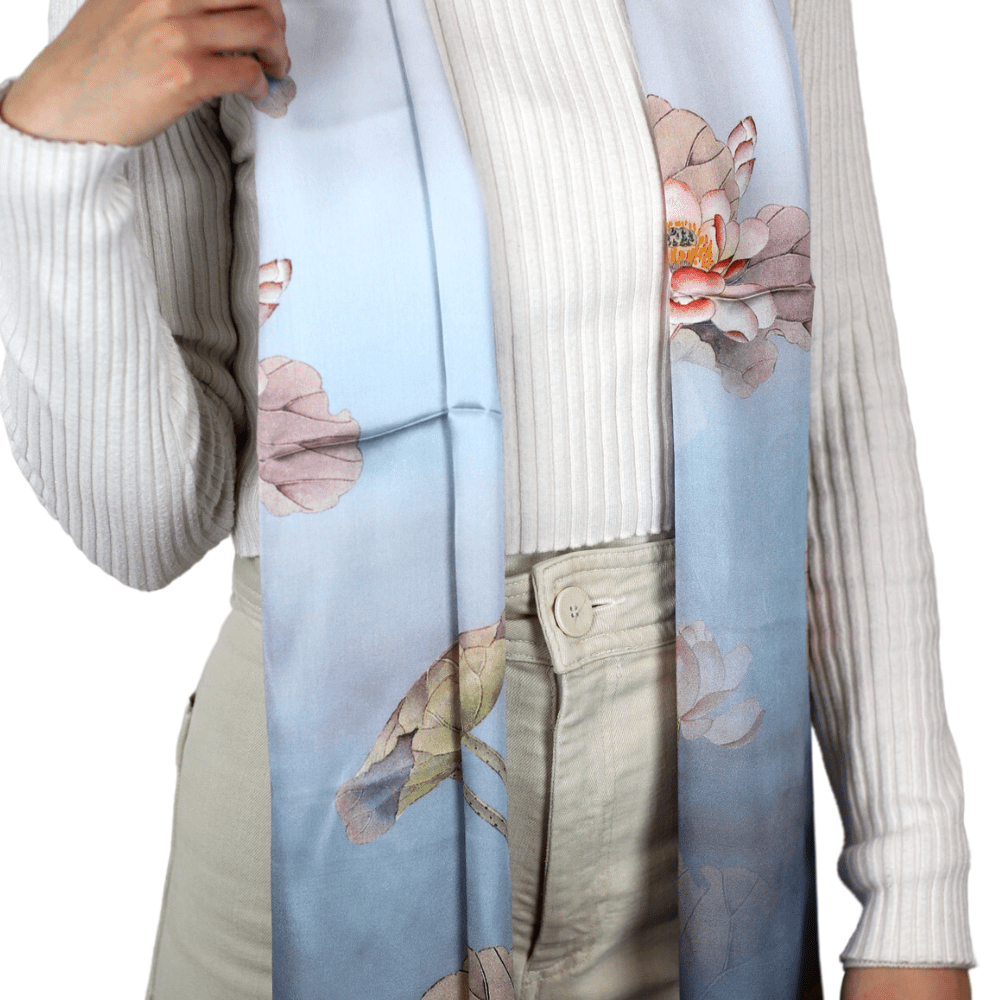 La Fiorentina Floral Print 100% Silk Scarf -  Blue - Silk Scarf - La Fiorentina SILK-2304