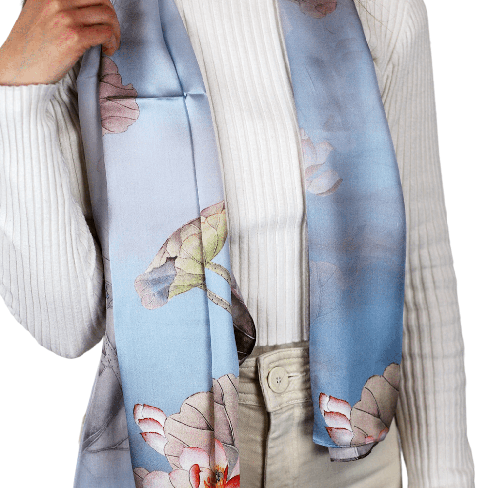 La Fiorentina Floral Print 100% Silk Scarf -  Blue - Silk Scarf - La Fiorentina SILK-2304