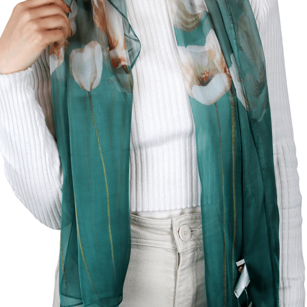 La Fiorentina Floral Print 100% Silk Scarf - Green - Silk Scarf - La Fiorentina SILK-2309-GREEN