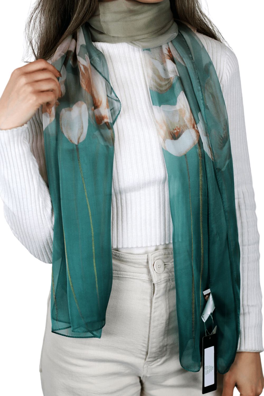 La Fiorentina Floral Print 100% Silk Scarf - Green - Silk Scarf - La Fiorentina SILK-2309-GREEN