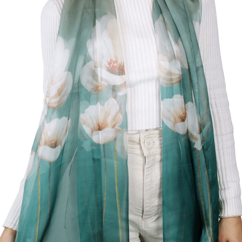 La Fiorentina Floral Print 100% Silk Scarf - Green - Silk Scarf - La Fiorentina SILK-2309-GREEN