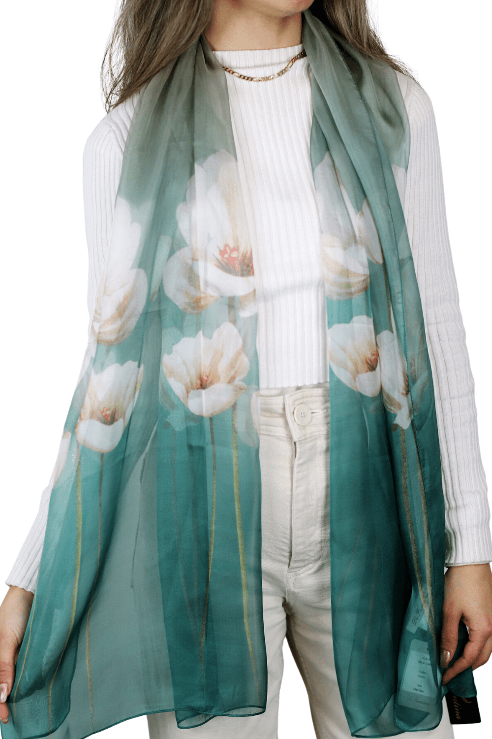 La Fiorentina Floral Print 100% Silk Scarf - Green - Silk Scarf - La Fiorentina SILK-2309-GREEN