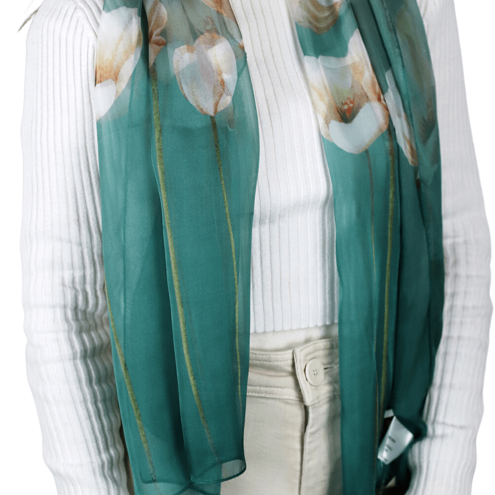 La Fiorentina Floral Print 100% Silk Scarf - Green - Silk Scarf - La Fiorentina SILK-2309-GREEN