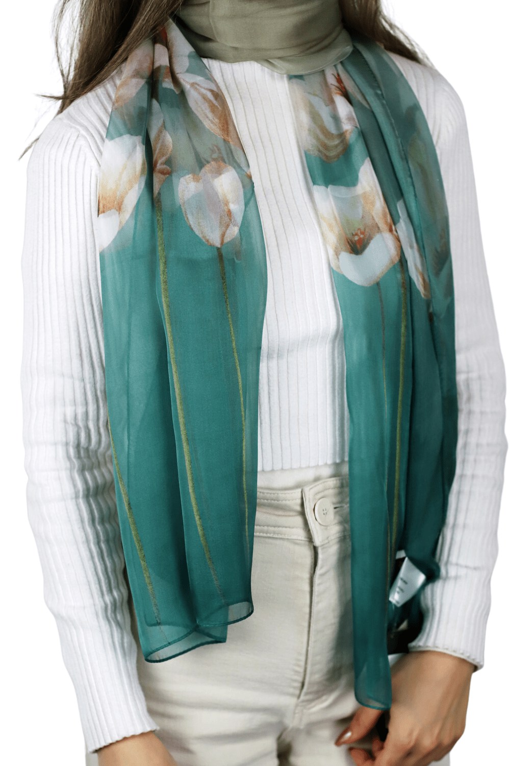 La Fiorentina Floral Print 100% Silk Scarf - Green - Silk Scarf - La Fiorentina SILK-2309-GREEN