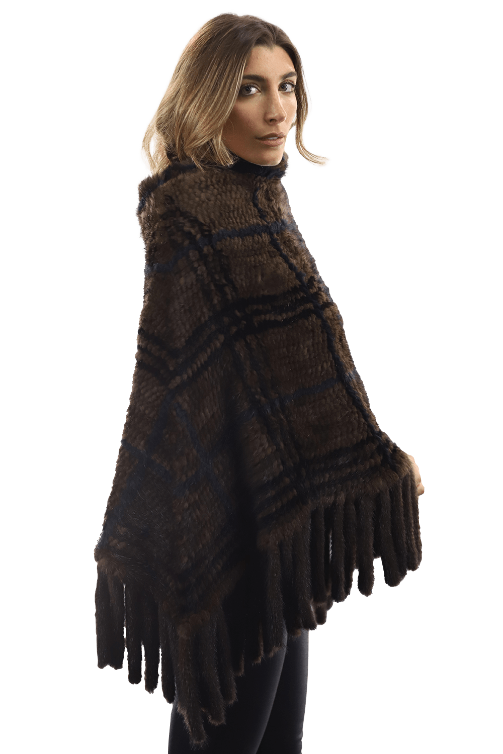 La Fiorentina - Mink Plaid Poncho Brown/Wine/Blue - Poncho - La Fiorentina, Brown/Wine, Brown/Wine CTY1706_BLUE