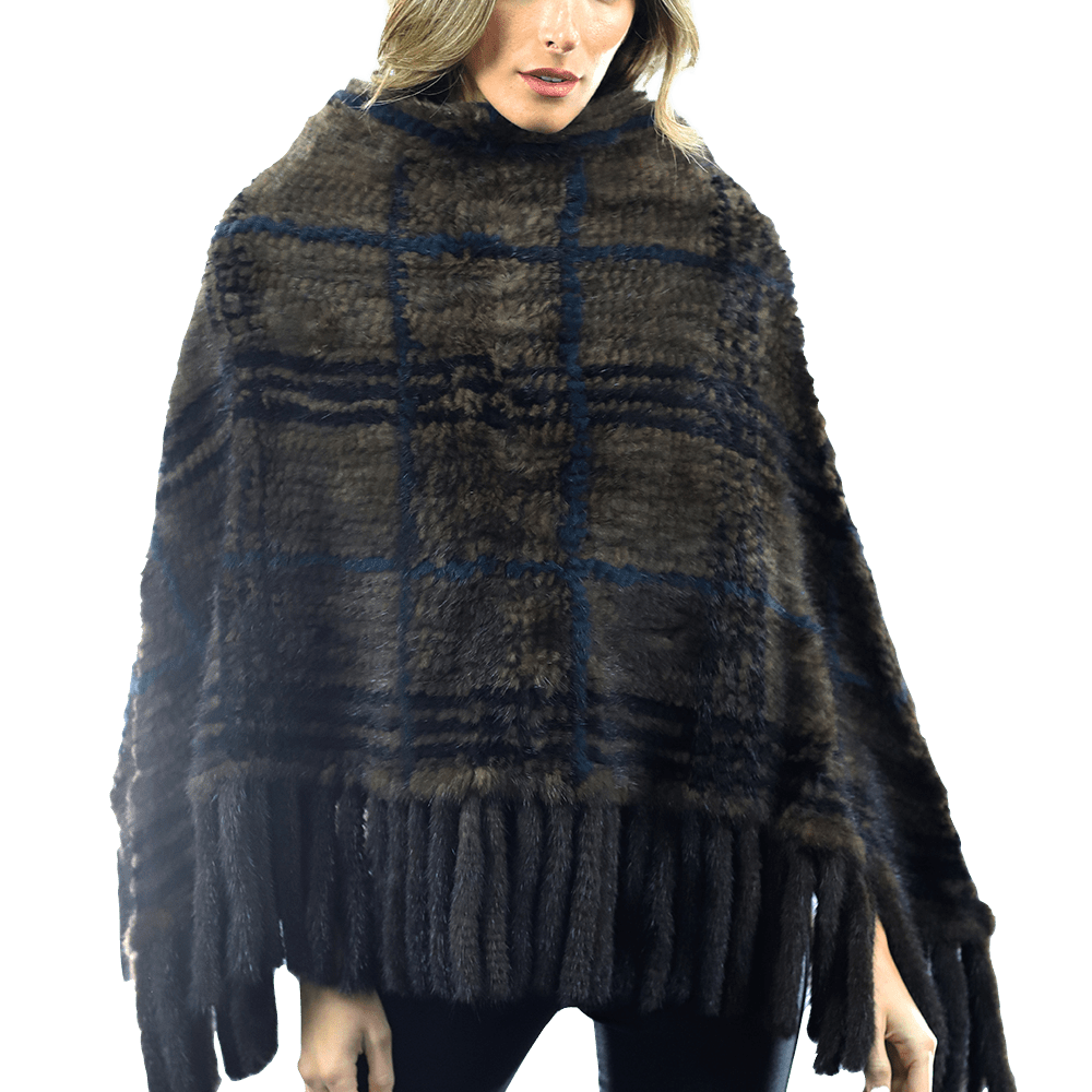 La Fiorentina - Mink Plaid Poncho Brown/Wine/Blue - Poncho - La Fiorentina, Brown/Wine, Brown/Wine CTY1706_BLUE