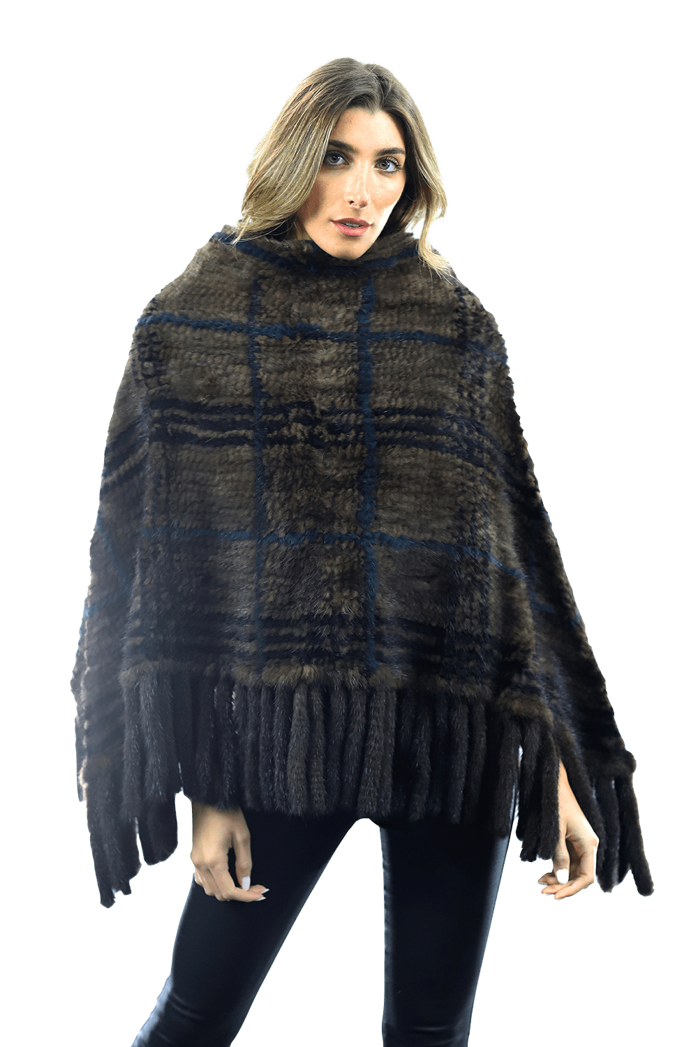 La Fiorentina - Mink Plaid Poncho Brown/Wine/Blue - Poncho - La Fiorentina, Brown/Wine, Brown/Wine CTY1706_BLUE