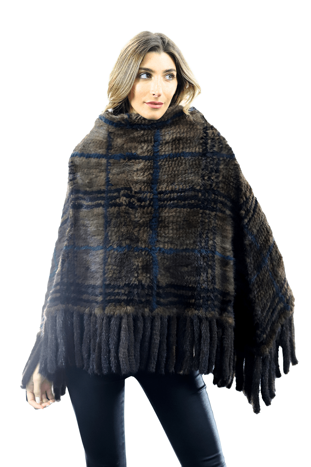 La Fiorentina - Mink Plaid Poncho Brown/Wine/Blue - Poncho - La Fiorentina, Brown/Wine, Brown/Wine CTY1706_BLUE
