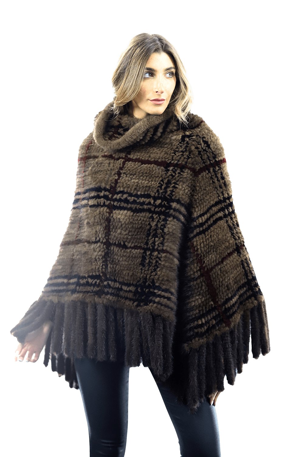 La Fiorentina - Mink Plaid Poncho Brown/Wine/Blue - Poncho - La Fiorentina, Brown/Wine, Brown/Wine CTY1706_BLUE
