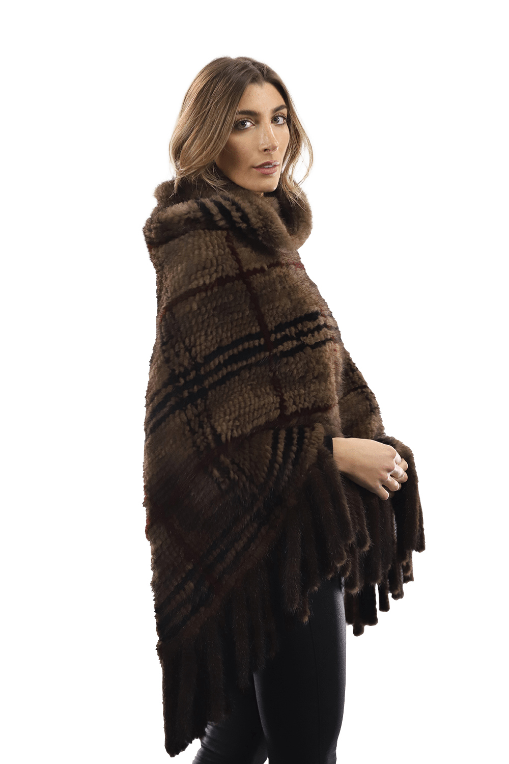 La Fiorentina - Mink Plaid Poncho Brown/Wine/Blue - Poncho - La Fiorentina, Brown/Wine CTY1706_WINE