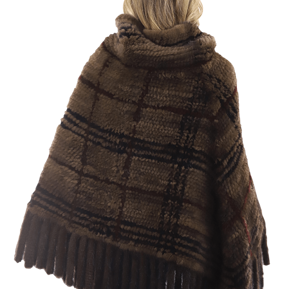 La Fiorentina - Mink Plaid Poncho Brown/Wine/Blue - Poncho - La Fiorentina, Brown/Wine, Brown/Wine CTY1706_BLUE