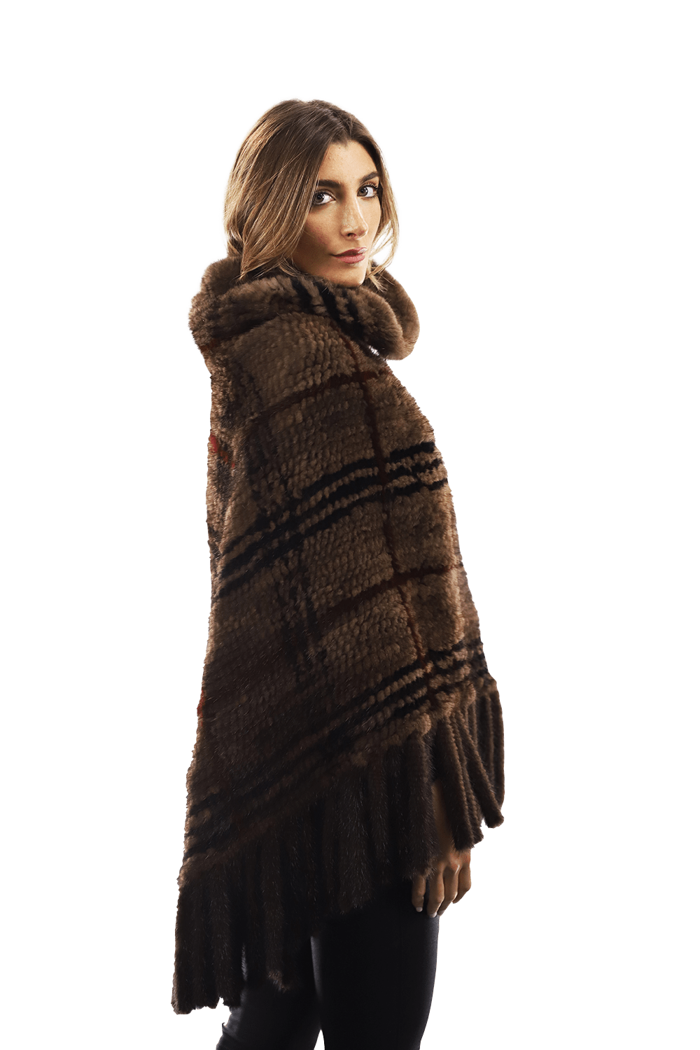 La Fiorentina - Mink Plaid Poncho Brown/Wine/Blue - Poncho - La Fiorentina, Brown/Wine, Brown/Wine CTY1706_BLUE