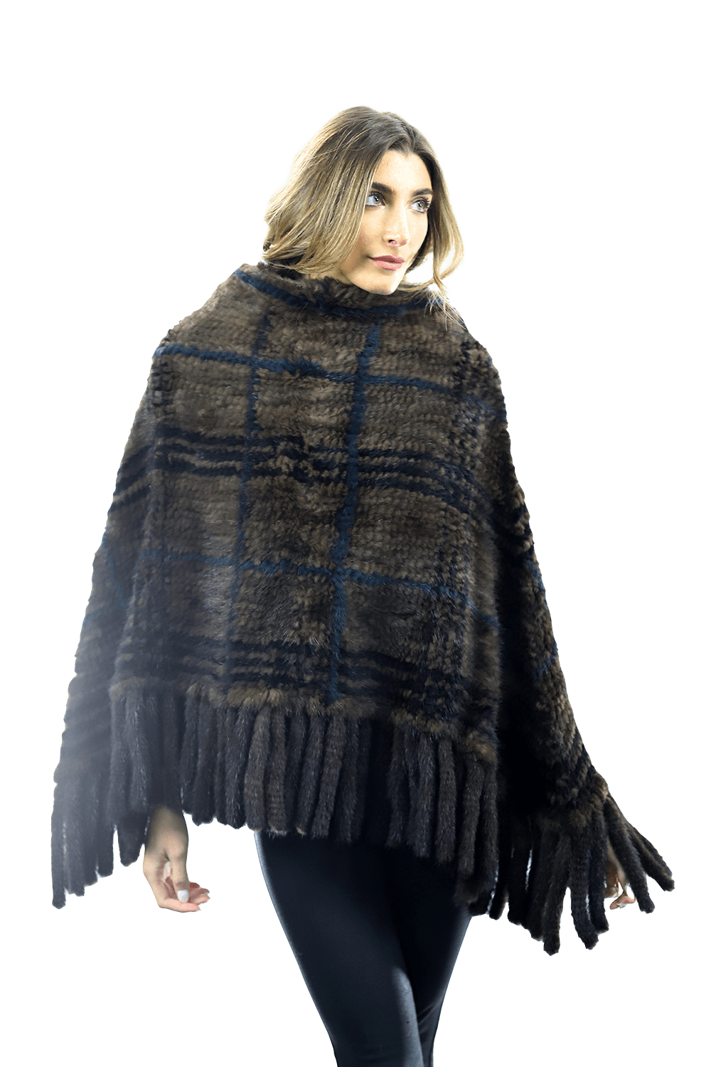 La Fiorentina - Mink Plaid Poncho Brown/Wine/Blue - Poncho - La Fiorentina, Brown/Wine, Brown/Wine CTY1706_BLUE