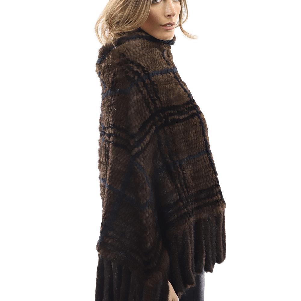 La Fiorentina - Mink Plaid Poncho Brown/Wine/Blue - Poncho - La Fiorentina, Brown/Wine, Brown/Wine CTY1706_BLUE