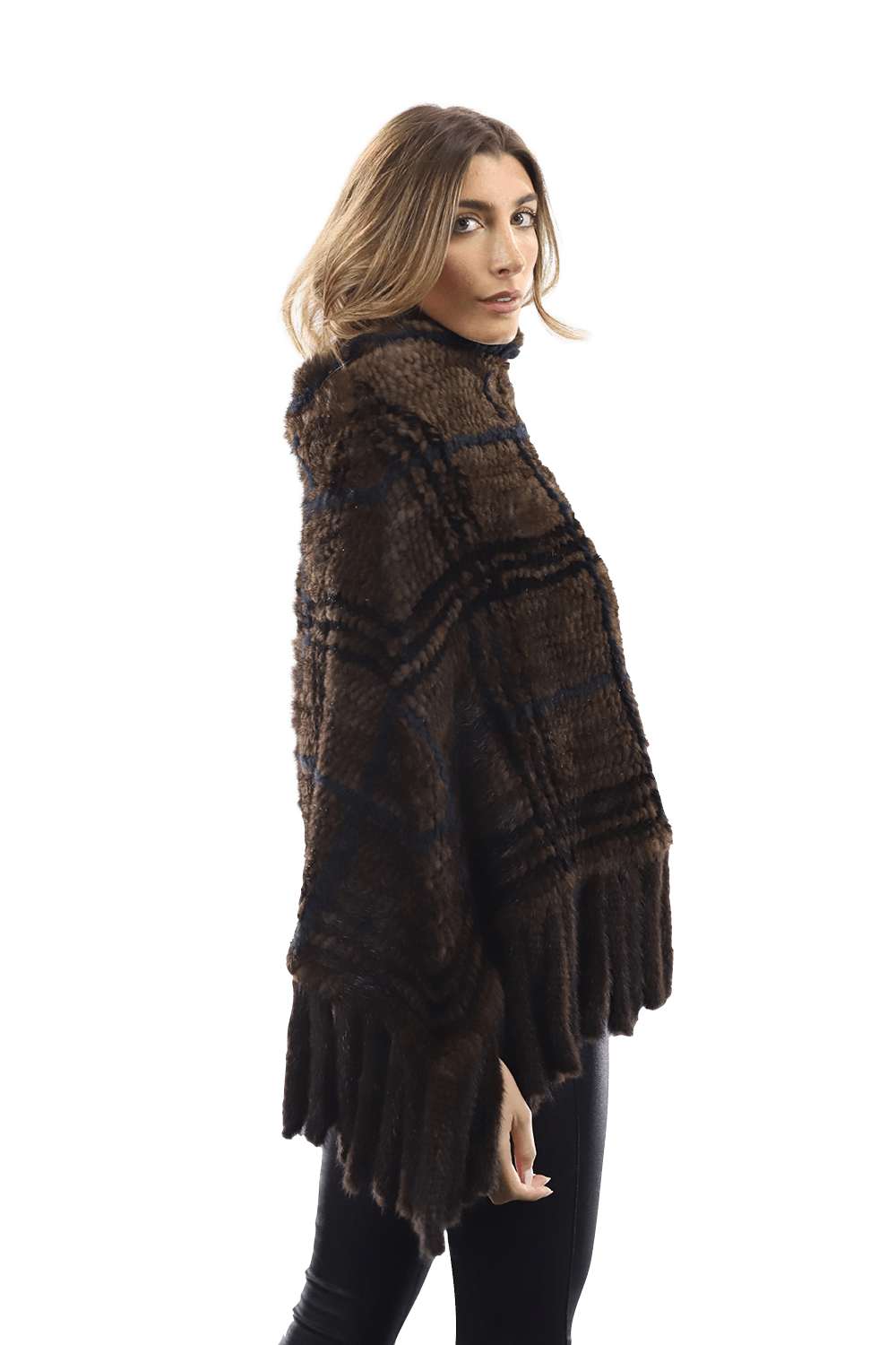 La Fiorentina - Mink Plaid Poncho Brown/Wine/Blue - Poncho - La Fiorentina, Brown/Wine, Brown/Wine CTY1706_BLUE