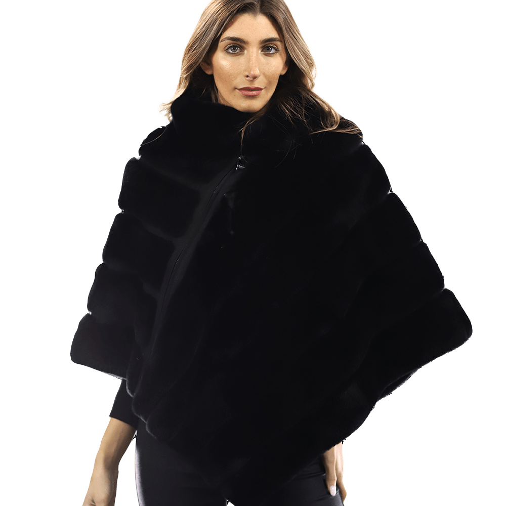 La Fiorentina -  Rex Rabbit Poncho with Zipper - Black - Poncho - La Fiorentina A106-REX_BLACK