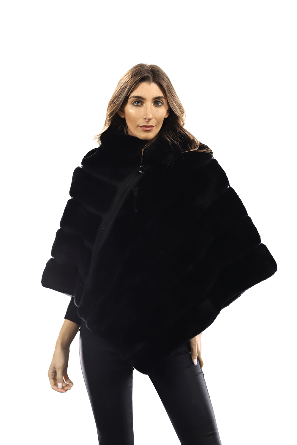 La Fiorentina -  Rex Rabbit Poncho with Zipper - Black - Poncho - La Fiorentina A106-REX_BLACK