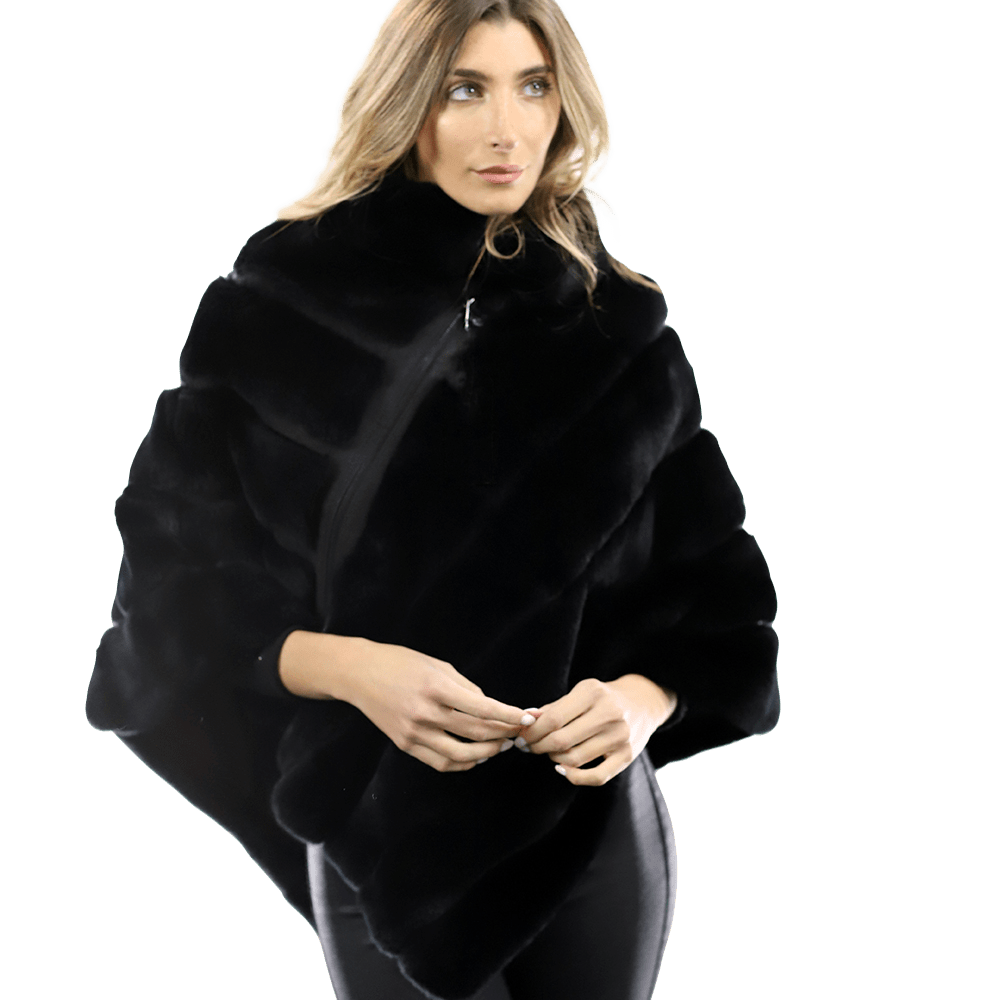 La Fiorentina -  Rex Rabbit Poncho with Zipper - Black - Poncho - La Fiorentina A106-REX_BLACK