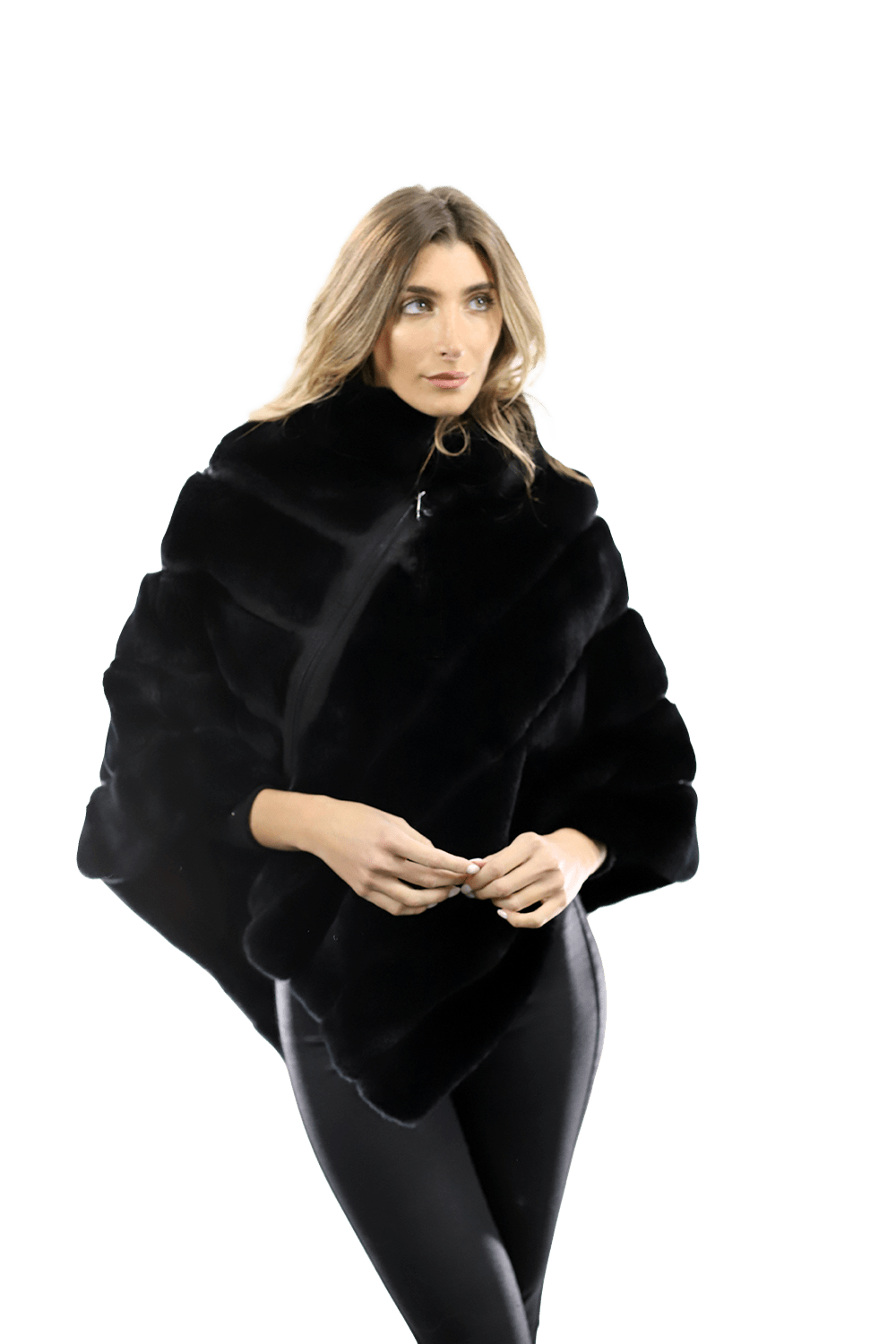 La Fiorentina -  Rex Rabbit Poncho with Zipper - Black - Poncho - La Fiorentina A106-REX_BLACK