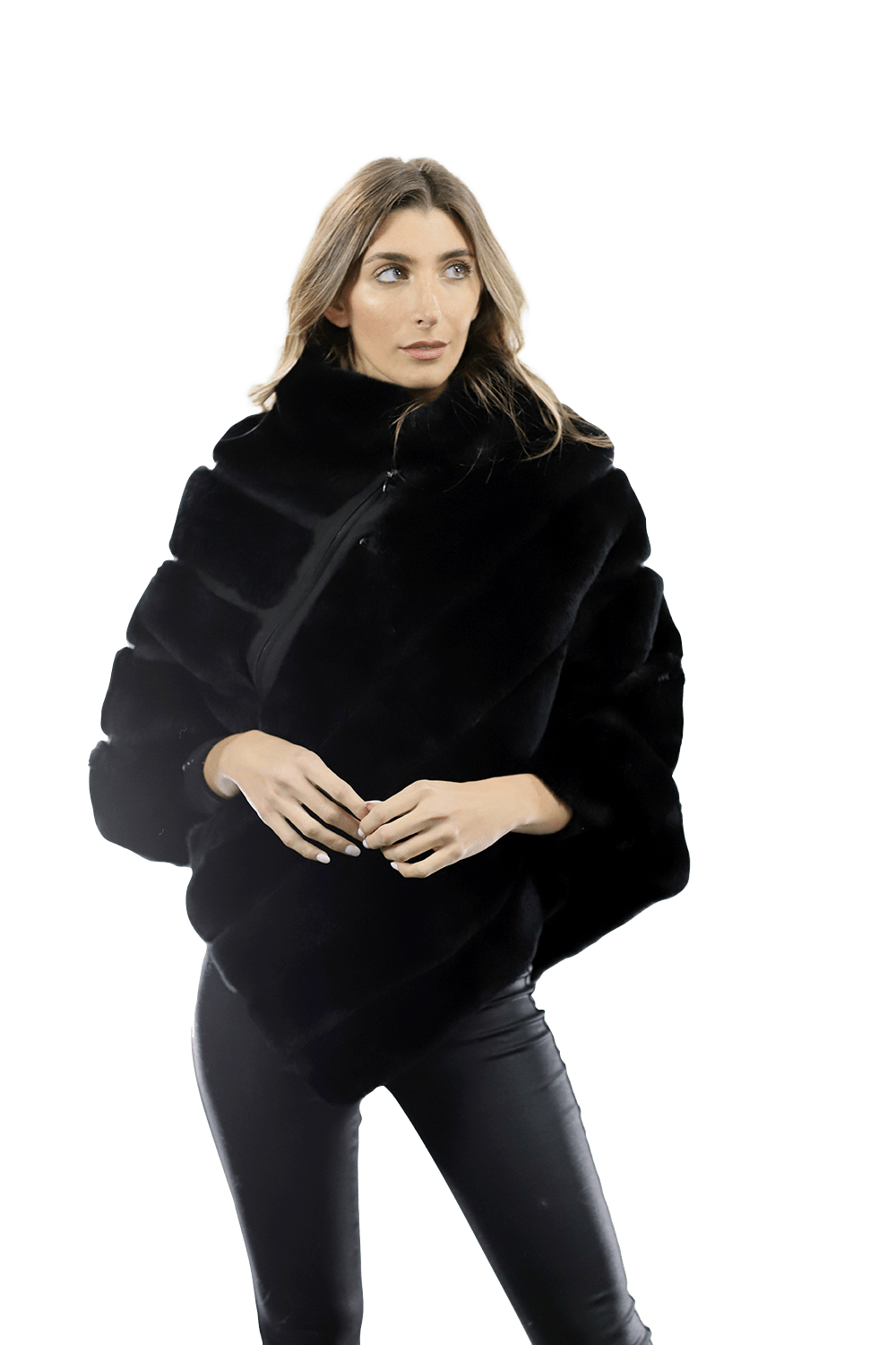 La Fiorentina -  Rex Rabbit Poncho with Zipper - Black - Poncho - La Fiorentina A106-REX_BLACK