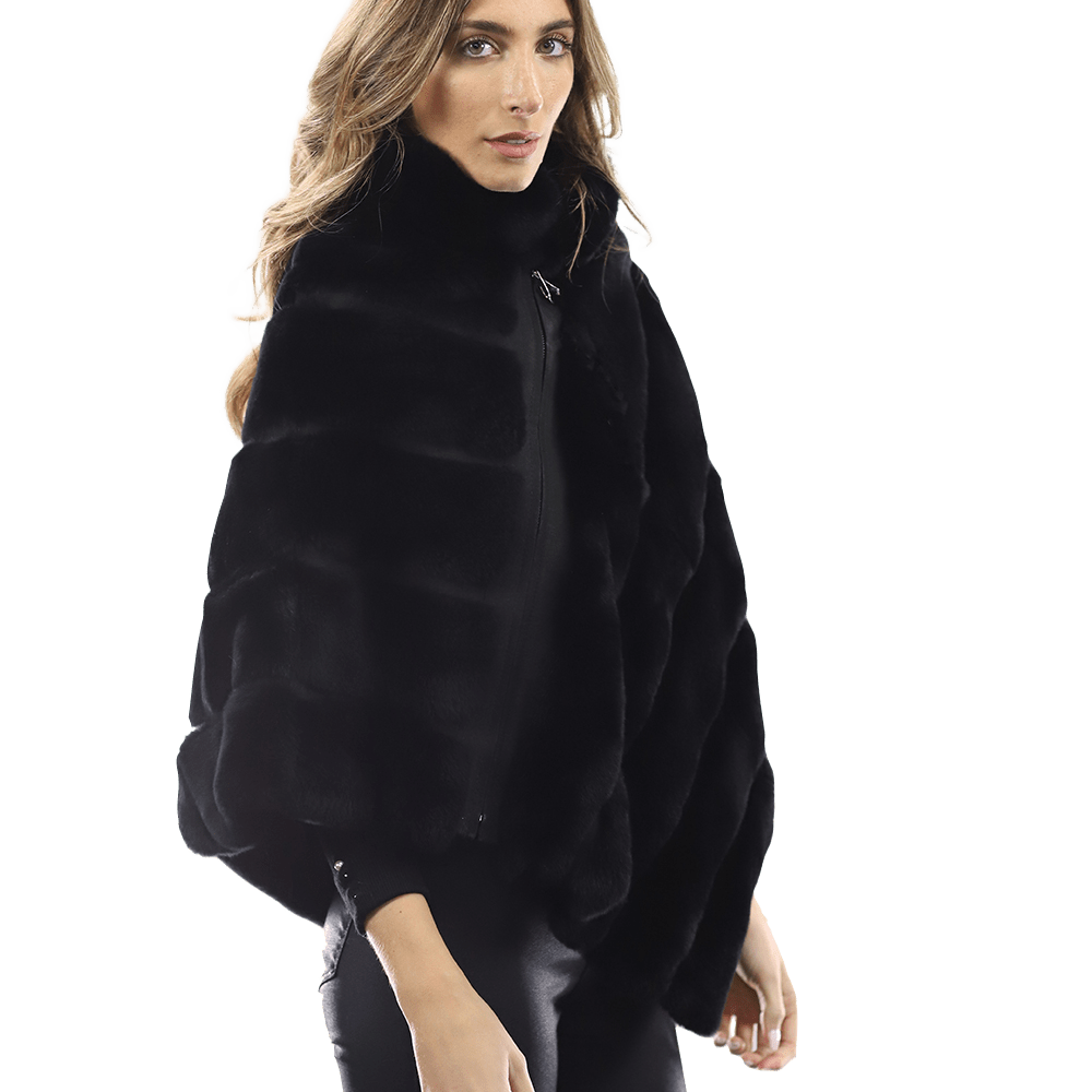 La Fiorentina -  Rex Rabbit Poncho with Zipper - Black - Poncho - La Fiorentina A106-REX_BLACK