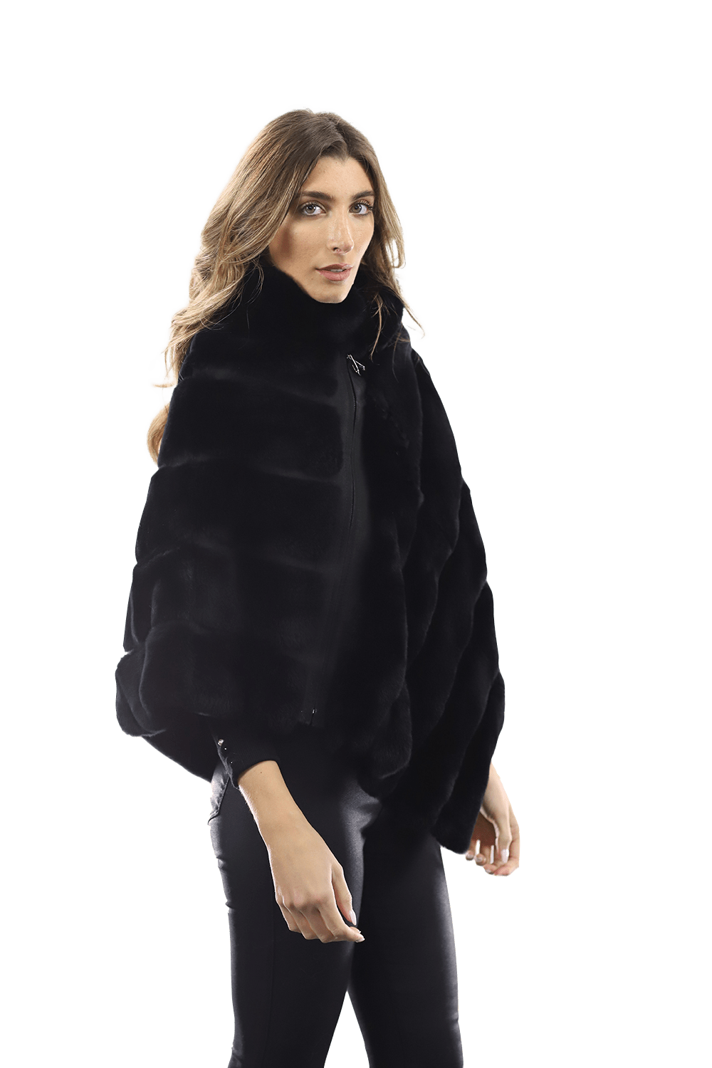 La Fiorentina -  Rex Rabbit Poncho with Zipper - Black - Poncho - La Fiorentina A106-REX_BLACK