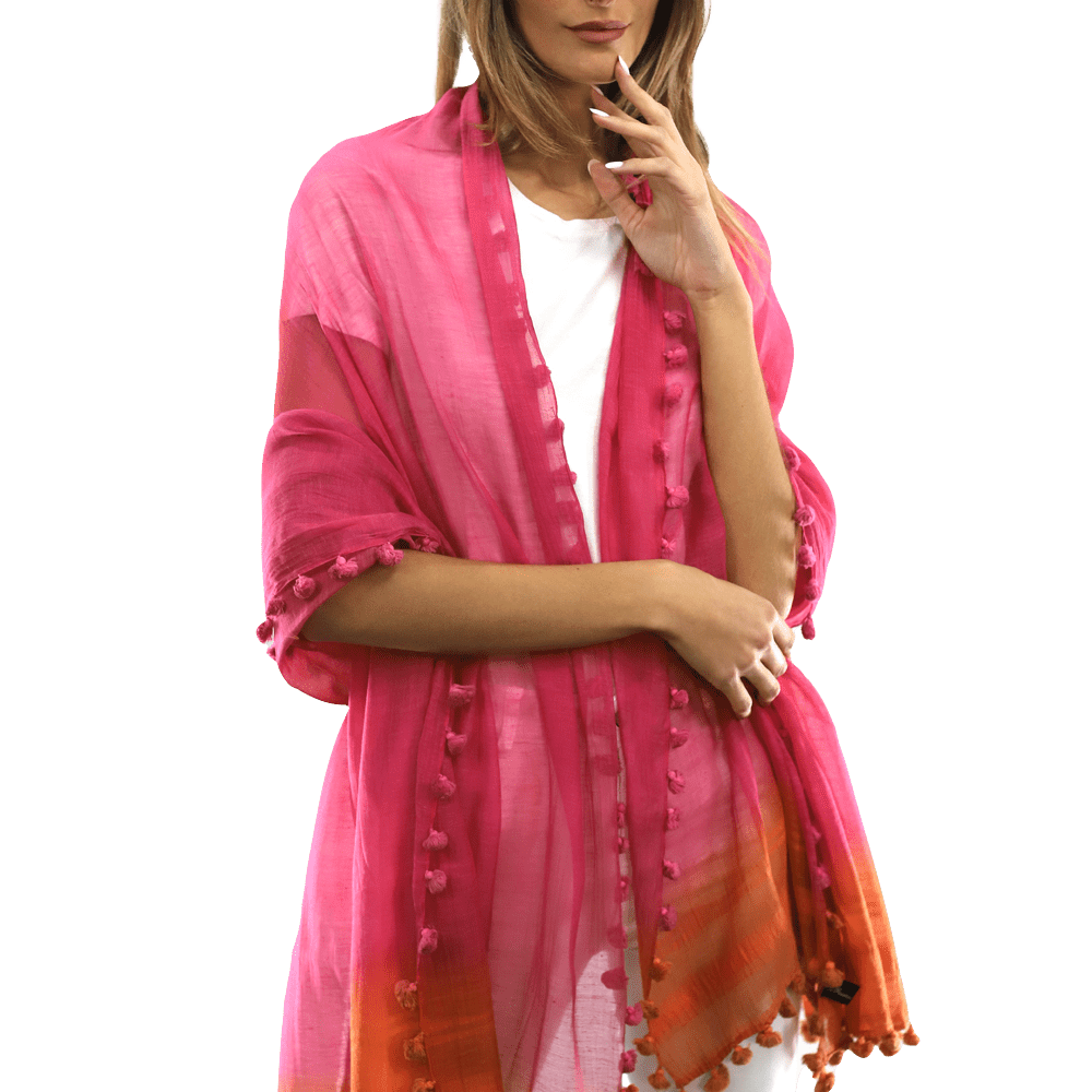 La Fiorentina Solid Silk/Cotton Blend Scarf with Fringes - Fuchsia/Peach - Scarf - La Fiorentina EF-2525SA-FP