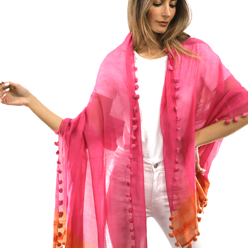 La Fiorentina Solid Silk/Cotton Blend Scarf with Fringes - Fuchsia/Peach - Scarf - La Fiorentina EF-2525SA-FP