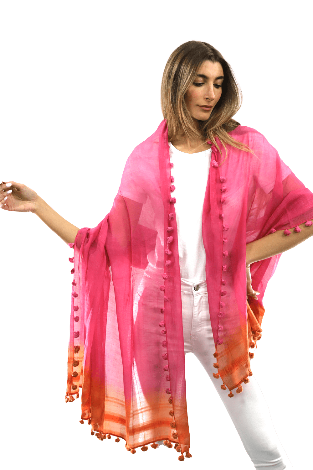 La Fiorentina Solid Silk/Cotton Blend Scarf with Fringes - Fuchsia/Peach - Scarf - La Fiorentina EF-2525SA-FP