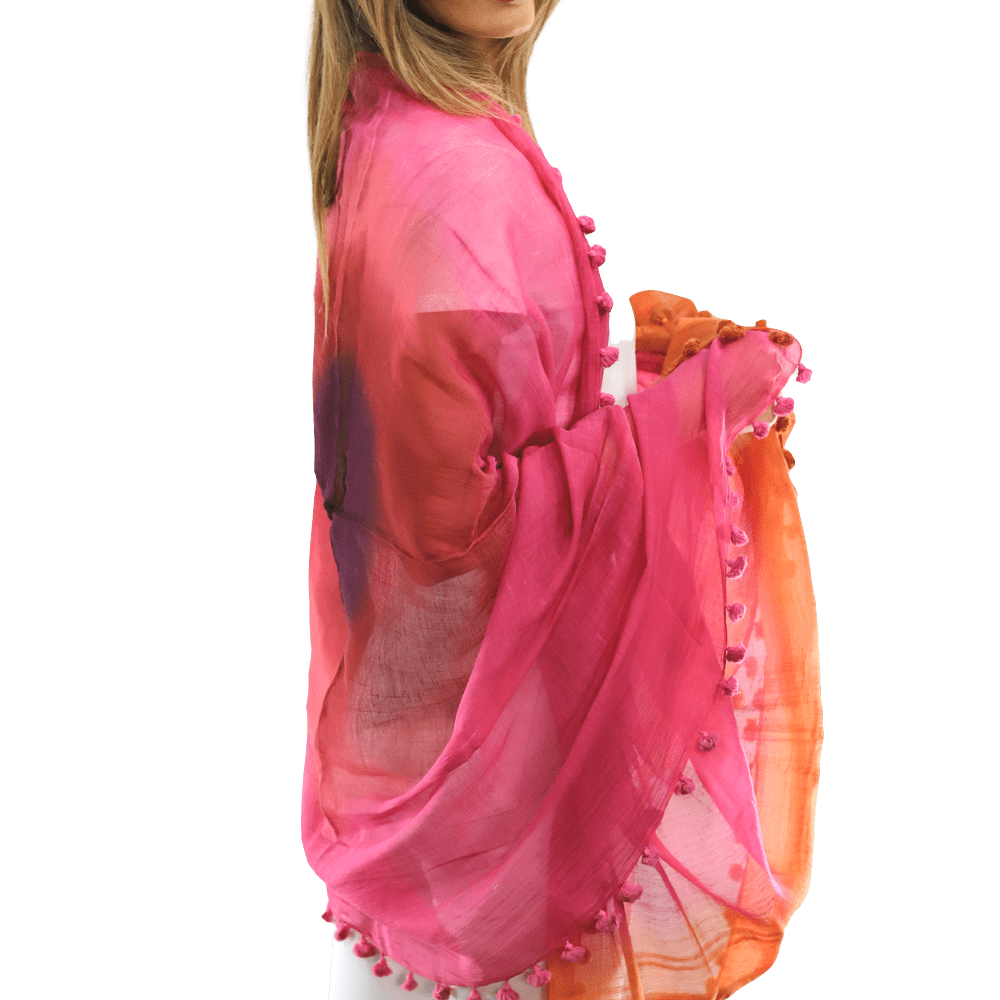 La Fiorentina Solid Silk/Cotton Blend Scarf with Fringes - Fuchsia/Peach - Scarf - La Fiorentina EF-2525SA-FP