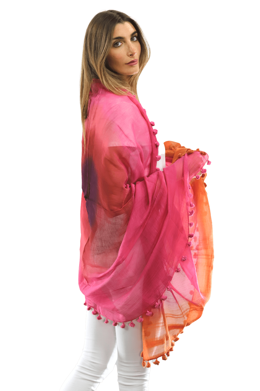 La Fiorentina Solid Silk/Cotton Blend Scarf with Fringes - Fuchsia/Peach - Scarf - La Fiorentina EF-2525SA-FP
