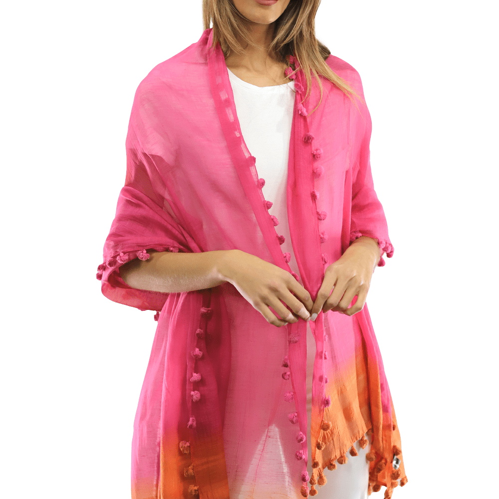 La Fiorentina Solid Silk/Cotton Blend Scarf with Fringes - Fuchsia/Peach - Scarf - La Fiorentina EF-2525SA-FP