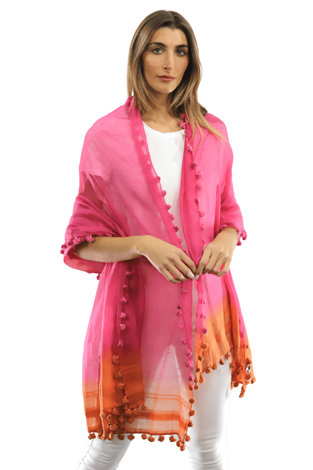 La Fiorentina Solid Silk/Cotton Blend Scarf with Fringes - Fuchsia/Peach - Scarf - La Fiorentina EF-2525SA-FP