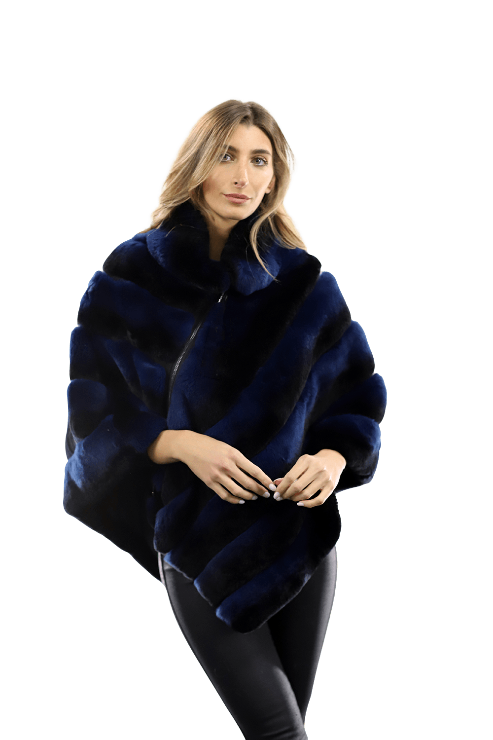 La Fiorentina -  Two Tone Rex Rabbit Poncho with Zipper - Blue - Poncho - La Fiorentina A106-REX_BLUE