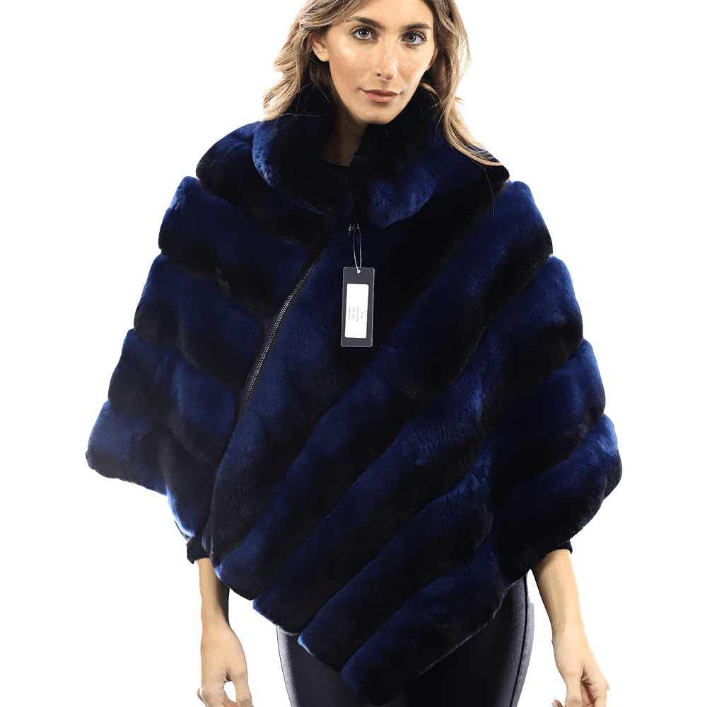 La Fiorentina -  Two Tone Rex Rabbit Poncho with Zipper - Blue - Poncho - La Fiorentina A106-REX_BLUE