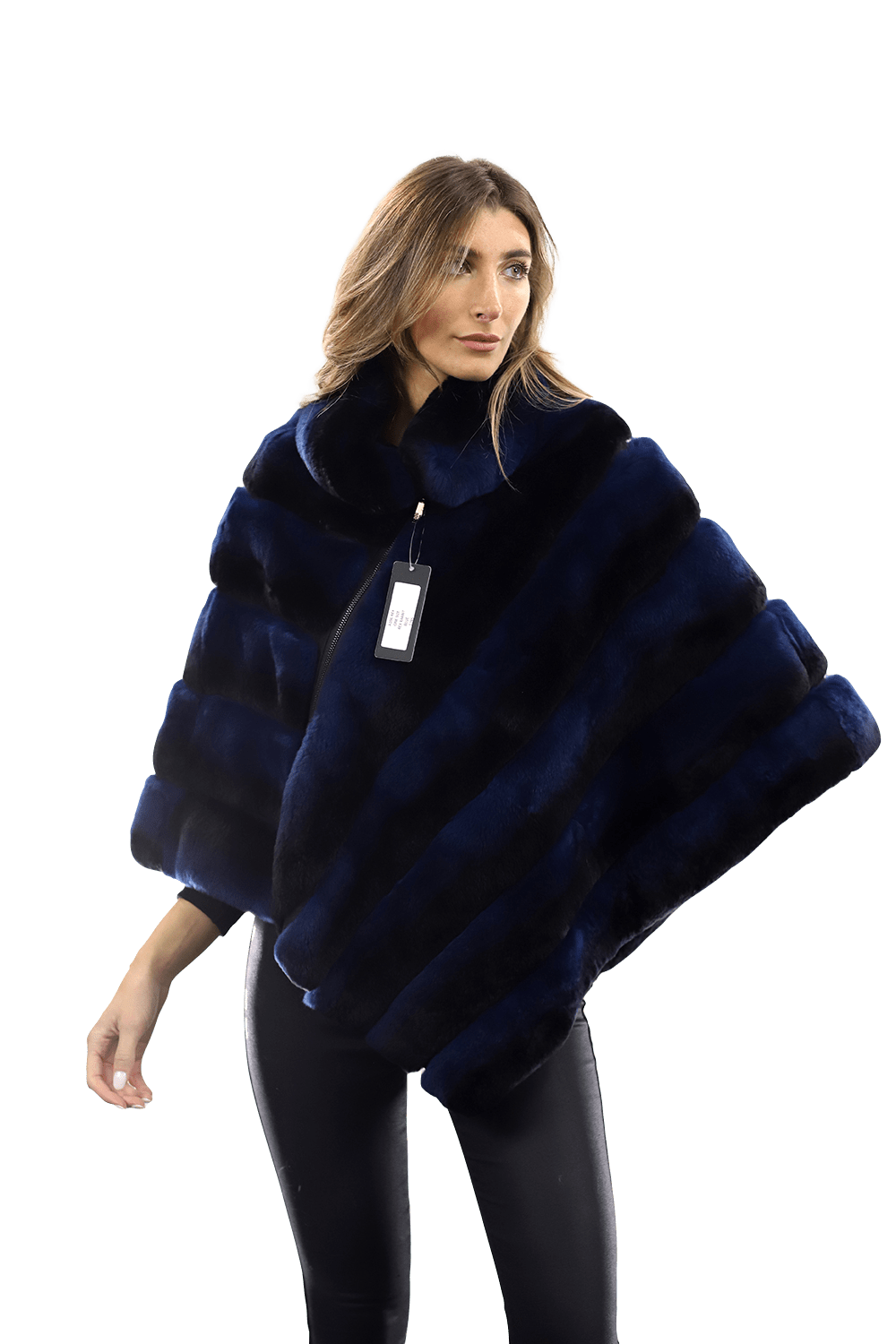 La Fiorentina -  Two Tone Rex Rabbit Poncho with Zipper - Blue - Poncho - La Fiorentina A106-REX_BLUE