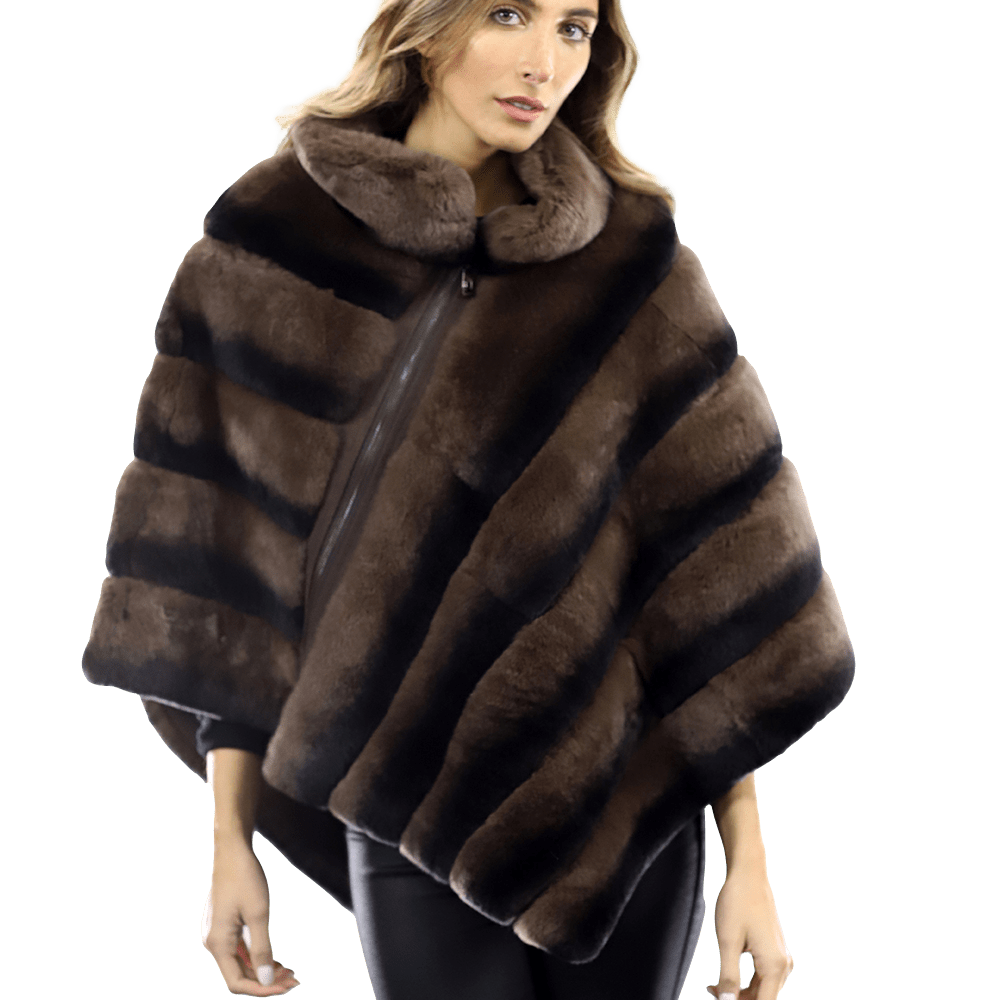 La Fiorentina -  Two Tone Rex Rabbit Poncho with Zipper - Brown - Poncho - La Fiorentina A106-REX_BROWN