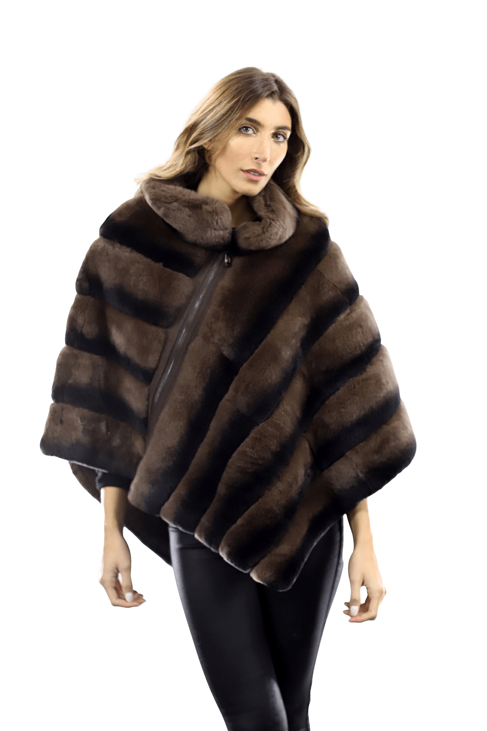 La Fiorentina -  Two Tone Rex Rabbit Poncho with Zipper - Brown - Poncho - La Fiorentina A106-REX_BROWN