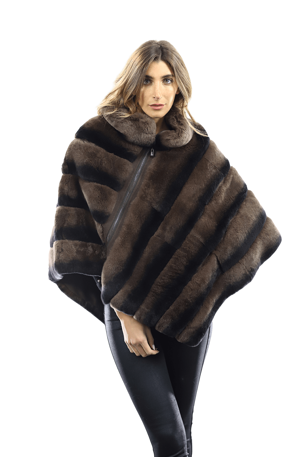 La Fiorentina -  Two Tone Rex Rabbit Poncho with Zipper - Brown - Poncho - La Fiorentina A106-REX_BROWN