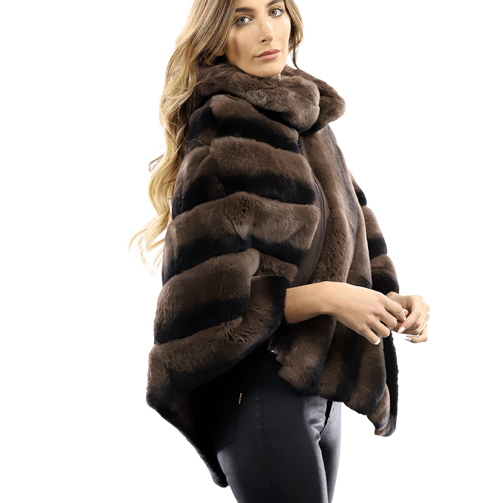 La Fiorentina -  Two Tone Rex Rabbit Poncho with Zipper - Brown - Poncho - La Fiorentina A106-REX_BROWN