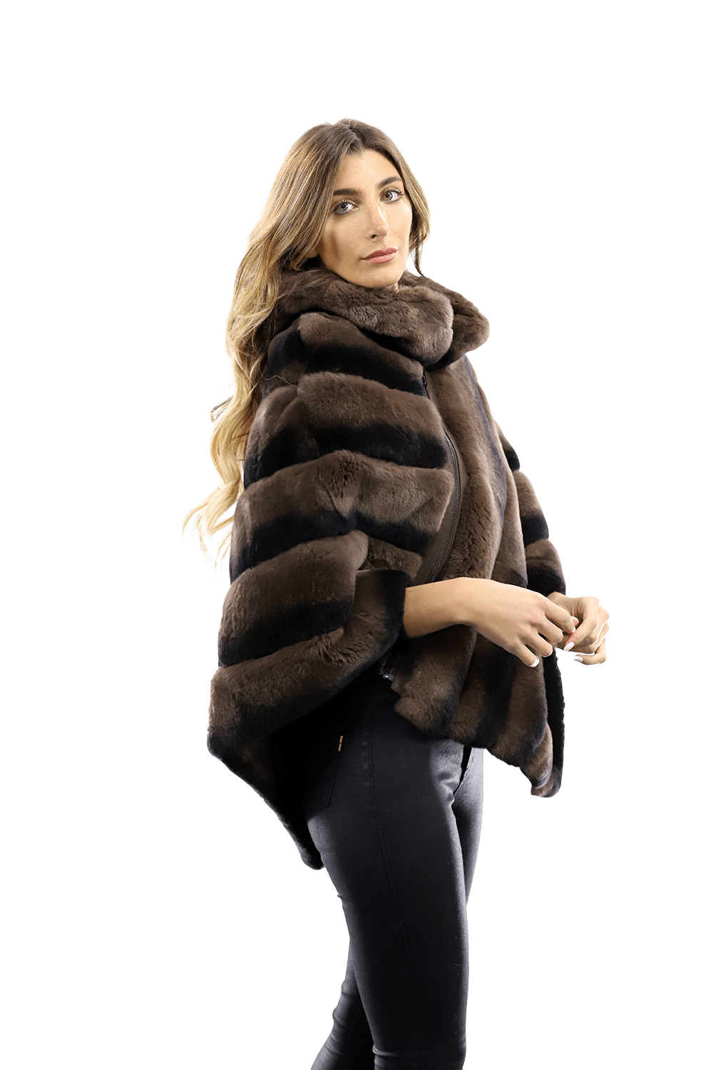 La Fiorentina -  Two Tone Rex Rabbit Poncho with Zipper - Brown - Poncho - La Fiorentina A106-REX_BROWN