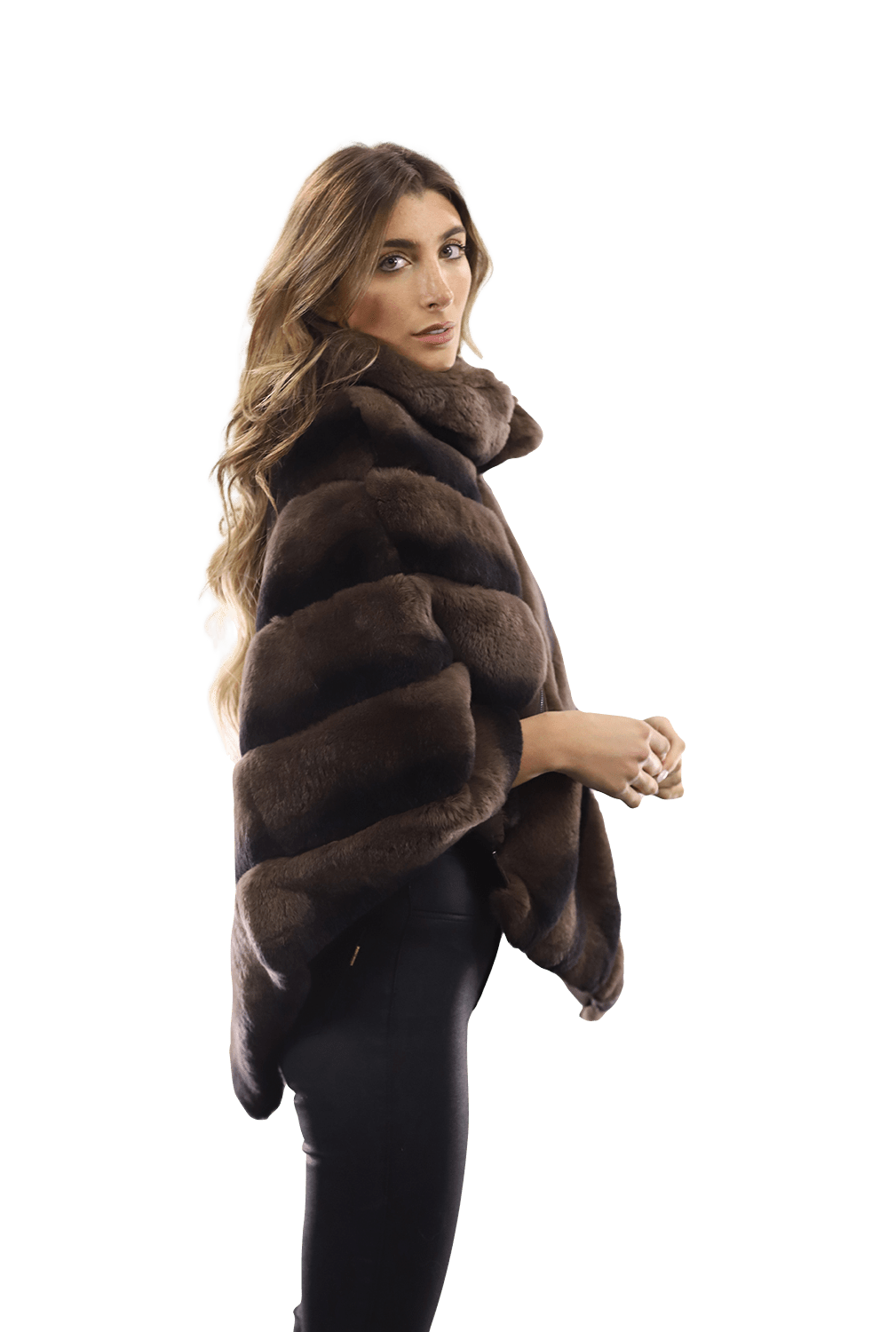 La Fiorentina -  Two Tone Rex Rabbit Poncho with Zipper - Brown - Poncho - La Fiorentina A106-REX_BROWN