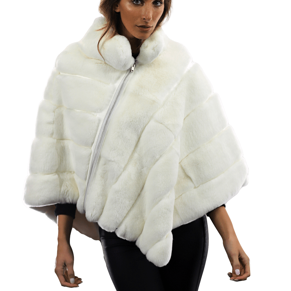 La Fiorentina -  Two Tone Rex Rabbit Poncho with Zipper - White - Poncho - La Fiorentina A106-REX_WHITE